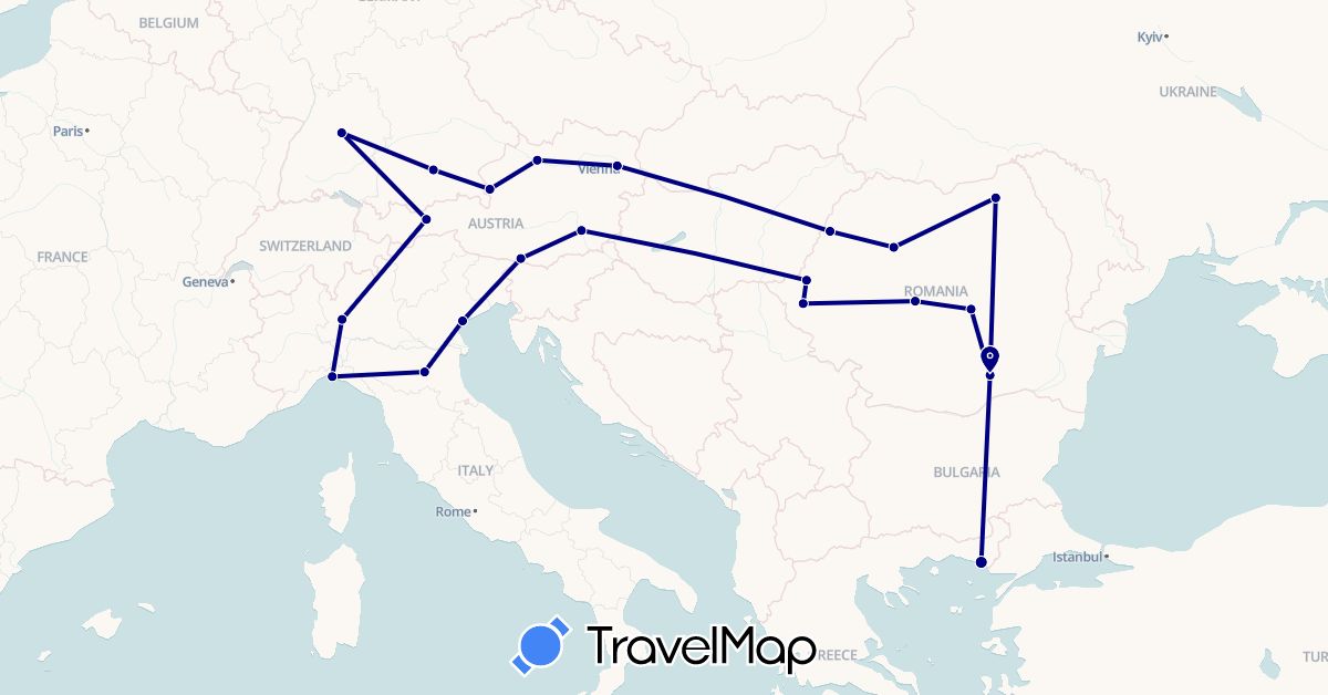 TravelMap itinerary: driving in Austria, Germany, Greece, Italy, Romania (Europe)